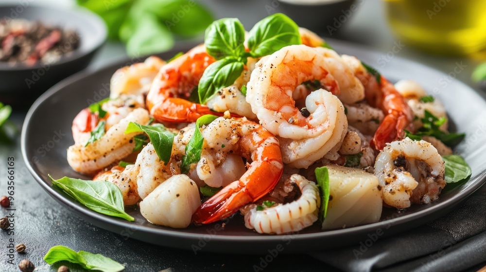 Close-up of Shrimp and Scallops with Basil on a Black Plate