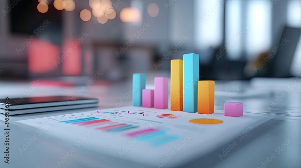 Colorful bar graphs and charts displayed on a modern desk, showcasing data analysis and business performance trends. Colorful bar graphs and charts displayed on a modern desk, showcasing data analysis and business performance trends.