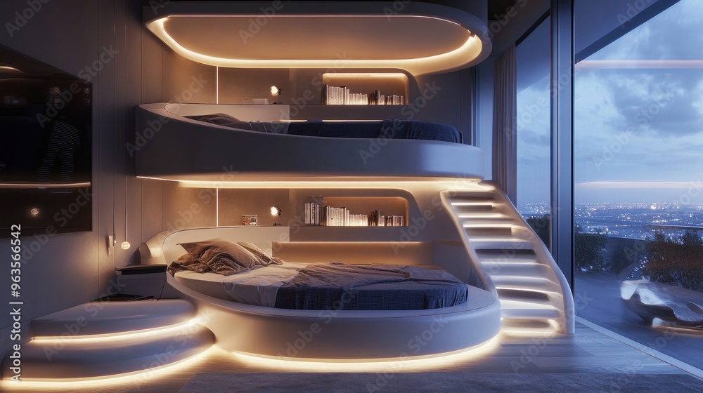 Fototapeta premium Futuristic Bedroom with Circular Bed and City View