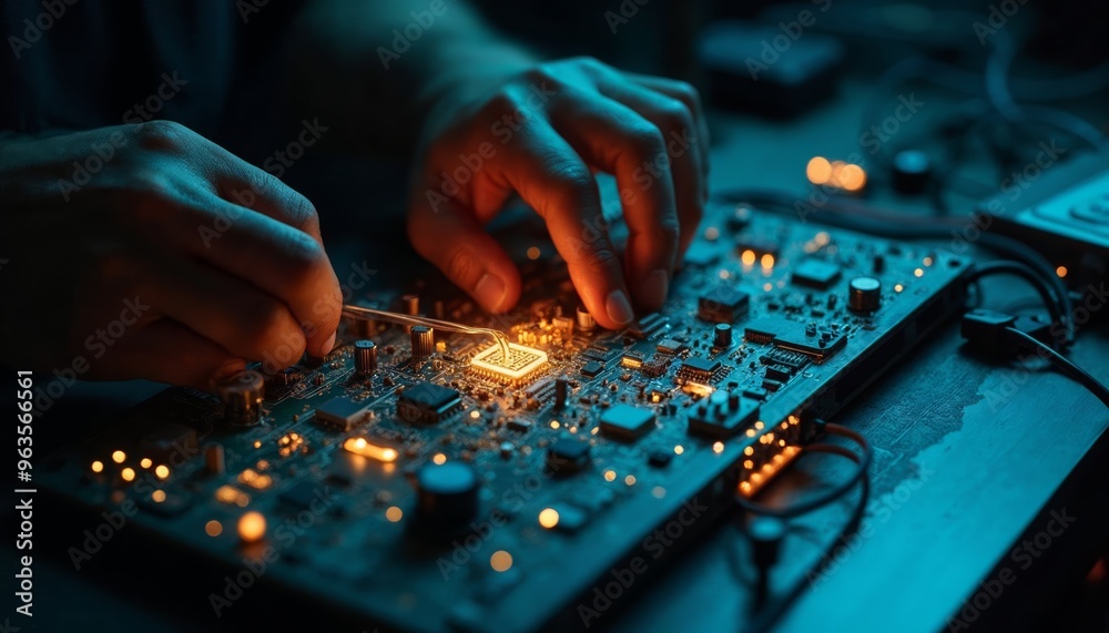 Close-up of a person's hands working on a circuit board with glowing electronic components