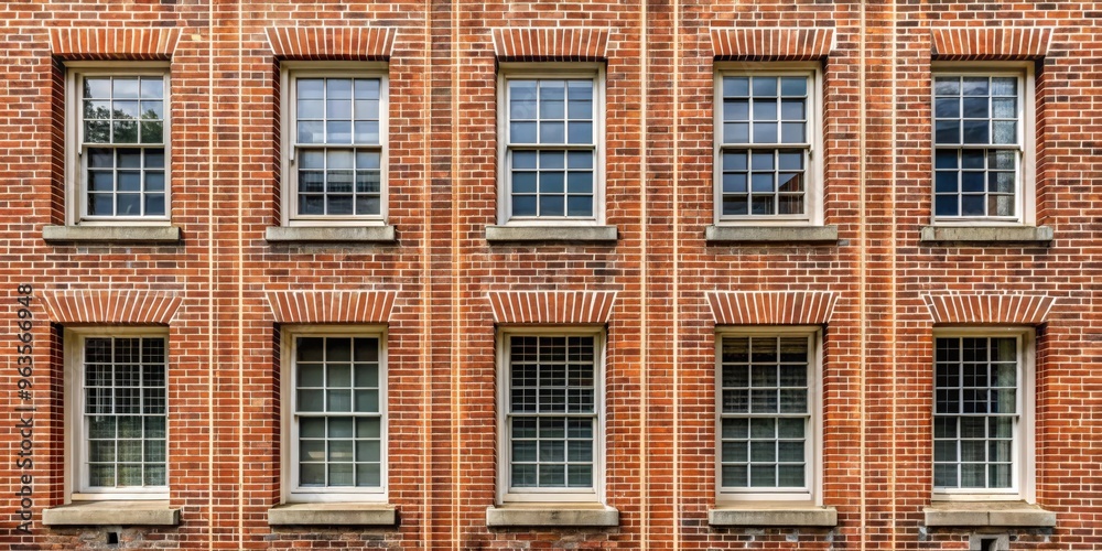 Brick house facade with multiple windows in a symmetrical layout Brick house facade with multiple windows in a symmetrical layout