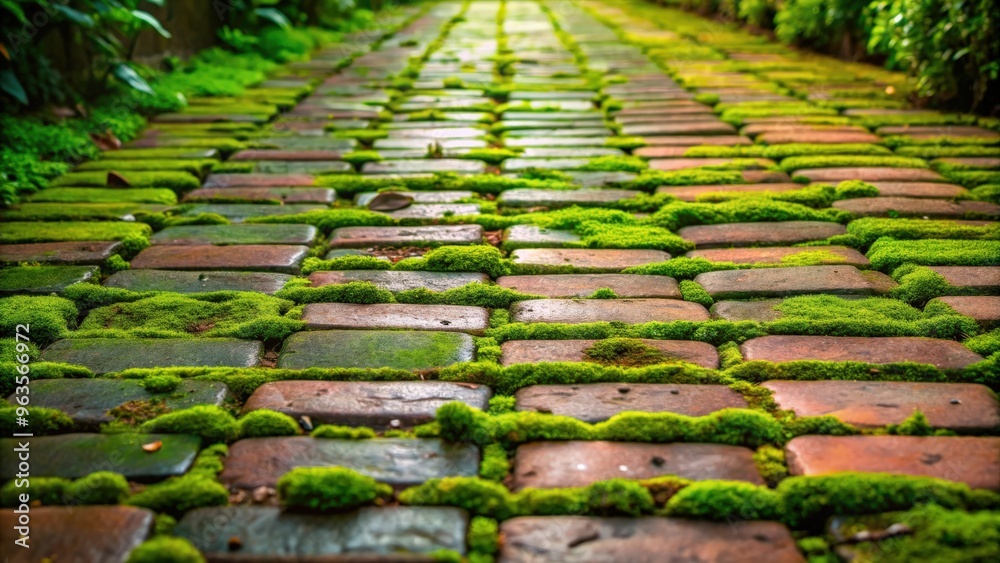 Brick paving stones with lush moss growing between them, creating a rustic and enchanting pathway Brick paving stones with lush moss growing between them, creating a rustic and enchanting pathway