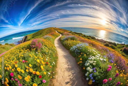 A serene winding coastal path covered in vibrant wildflowers surrounded by a fisheye lens effect, relaxation, peaceful, summer, fisheye, walking, colorful, coastal path, journey photo