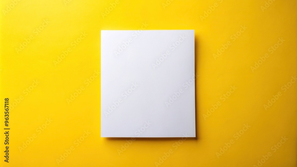 A white blank sheet of paper isolated on a bright yellow background captured with a fisheye lens, clean, creative concept, fresh, macro, artistic, vibrant., bright yellow background
