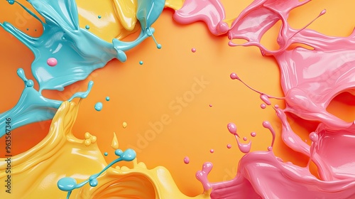Colorful paint splashes on a vibrant background create a lively and artistic atmosphere for creative projects.