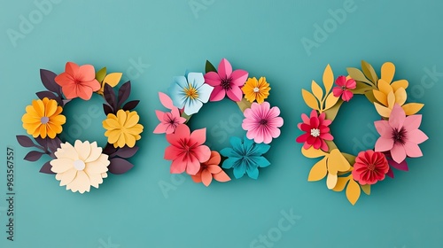 Colorful paper flower wreaths arranged against a teal background, perfect for spring decorations and artistic inspiration. photo