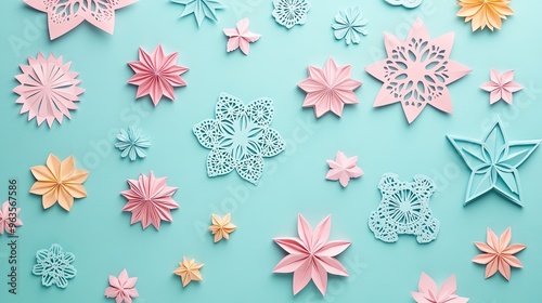 Colorful paper flowers and snowflakes of various shapes scattered on a light blue background for creative design projects.