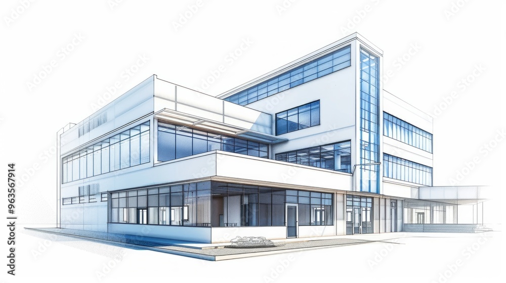 Pencil sketch, blueprint Exterior view of a typical American school Pencil sketch, blueprint Exterior view of a typical American school