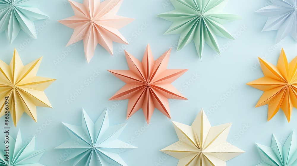 Colorful paper stars arranged on a pastel background, perfect for festive decoration or creative craft projects. Colorful paper stars arranged on a pastel background, perfect for festive decoration or creative craft projects.