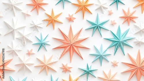 Colorful paper stars arranged in an artistic pattern, perfect for festive decorations and creative designs.