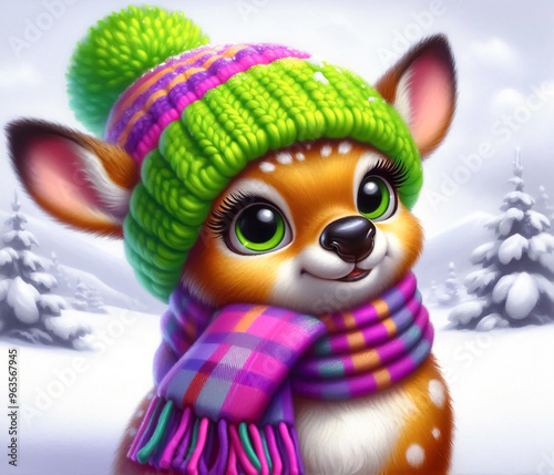 Cute deer illustration in snowy landscape with scarf and wool hat. Christmas Celebration Time