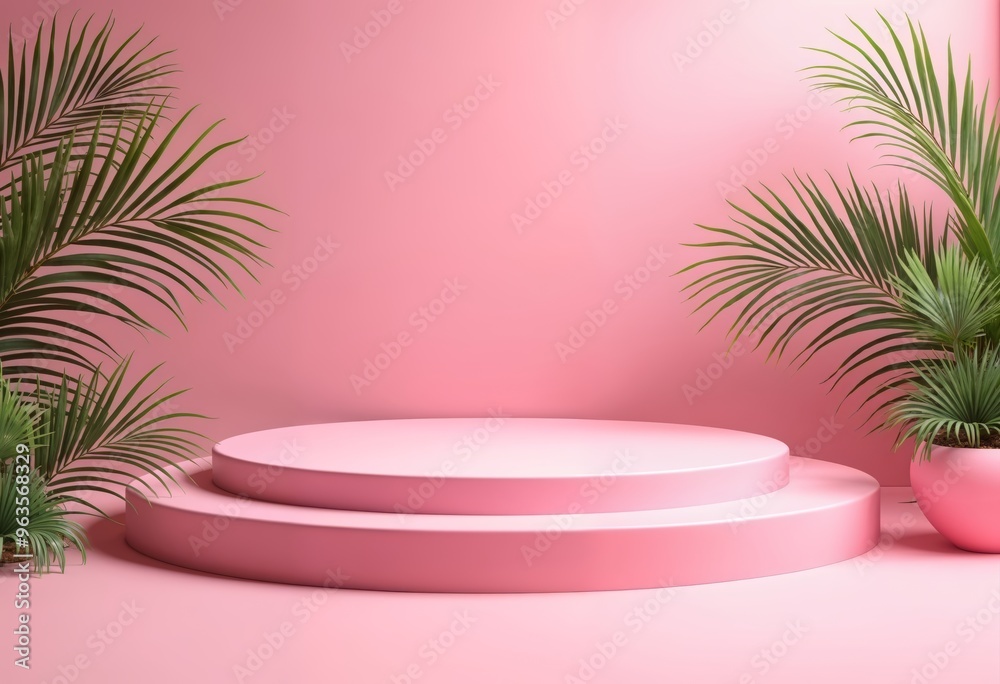Obraz premium Stylish Pink Background with Circular Stands and Green Palm Leaves for Product Display