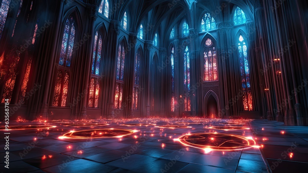 Eerie cathedral interior illuminated by glowing runes, creating a mystical atmosphere filled with magic and intrigue. Eerie cathedral interior illuminated by glowing runes, creating a mystical atmosphere filled with magic and intrigue.