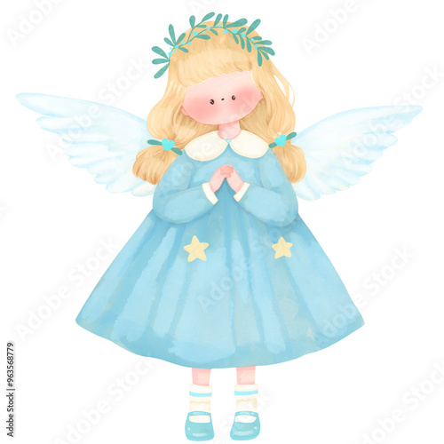 Graceful Angel in Blue Dress with Leaf Crown and Wings, Charming Holiday Illustration.