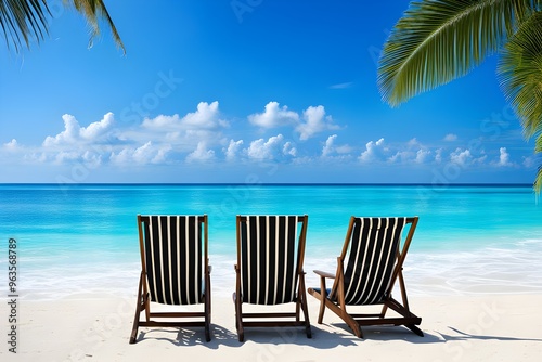 Tropical beach paradise with clear blue ocean, palm leaves, and sunny shore. Perfect island getaway for summer relaxation and vacation bliss