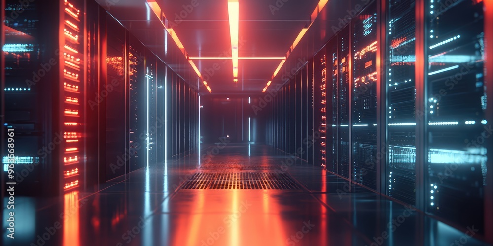 Modern Data Center with Glowing Servers. AI generated illustration Modern Data Center with Glowing Servers. AI generated illustration