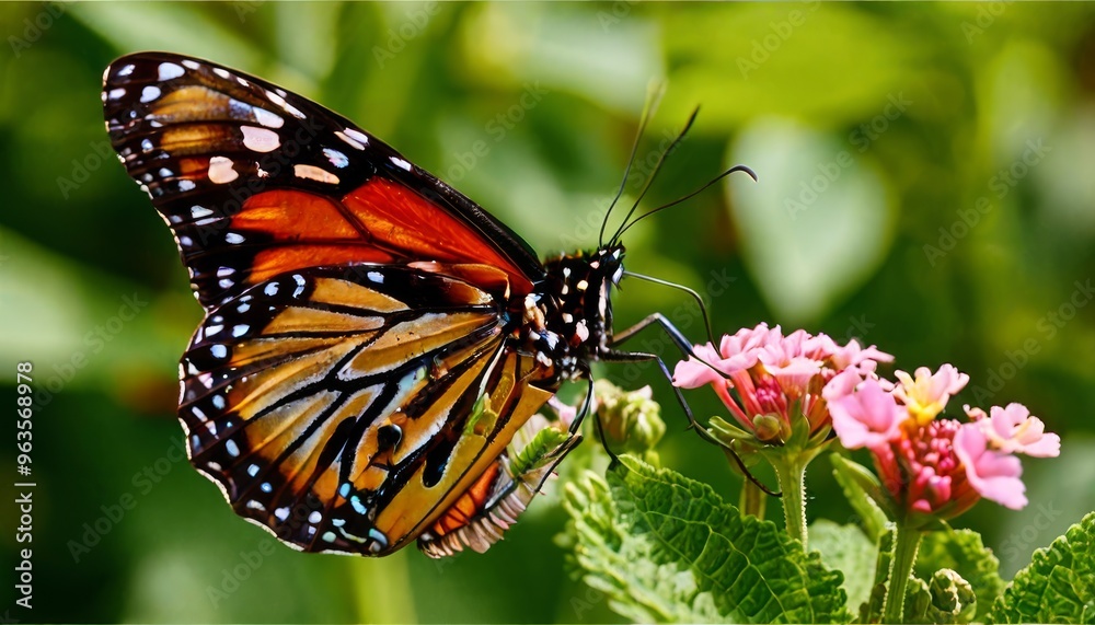 Fototapeta premium Close-up of a vibrant monarch butterfly delicately feeding on bright pink flowers in a lush, green garden. The intricate patterns of the butterfly's wings stand out beautifully against the colorful