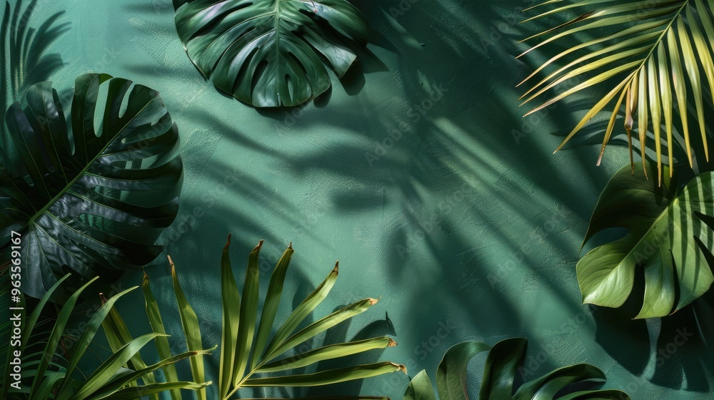Fototapeta premium Shadow tropical leaves arrangement on green backdrop with tropical vibe and space for text