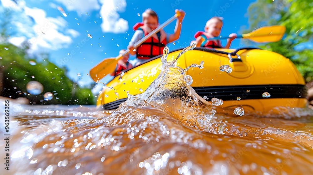 An exciting white water rafting adventure, with a group of rafters ...