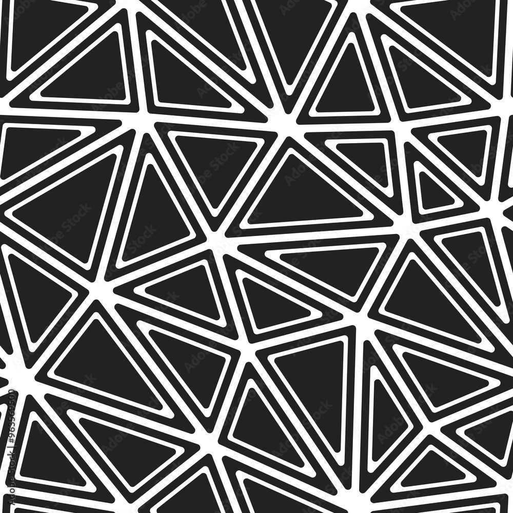Abstract pattern of triangles with rounded solid shapes in frames. Big triangles in a black and white style. Repeatable seamless vector illustration.