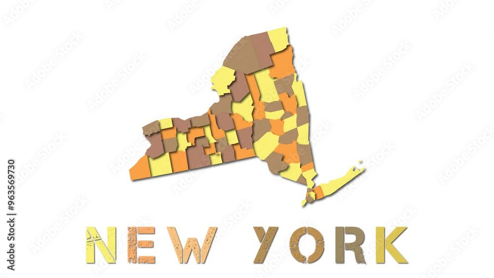 New York map with paper regions. Animated US state map growing from regions and title letters falling down. Authentic 4K animation. New York map with paper regions. Animated US state map growing from regions and title letters falling down. Authentic 4K animation.