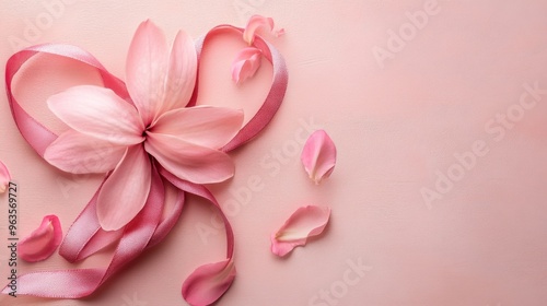 Pink Magnolia Flower with Ribbon and Petals on a Pink Background