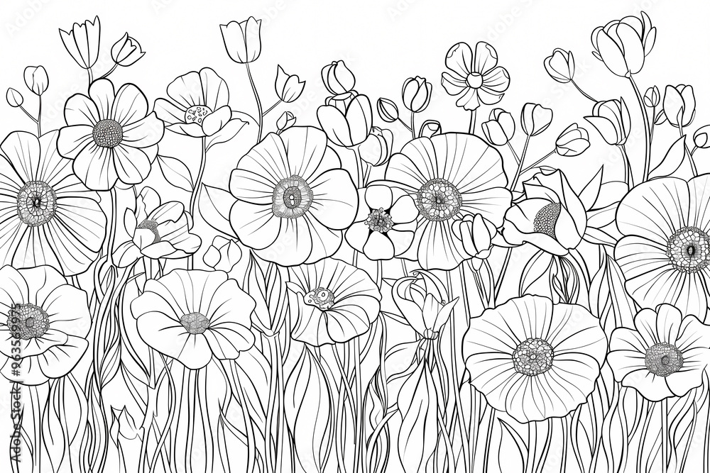An intricate black and white illustration of various flowers in full bloom, showcasing delicate details and flowing lines. An intricate black and white illustration of various flowers in full bloom, showcasing delicate details and flowing lines.