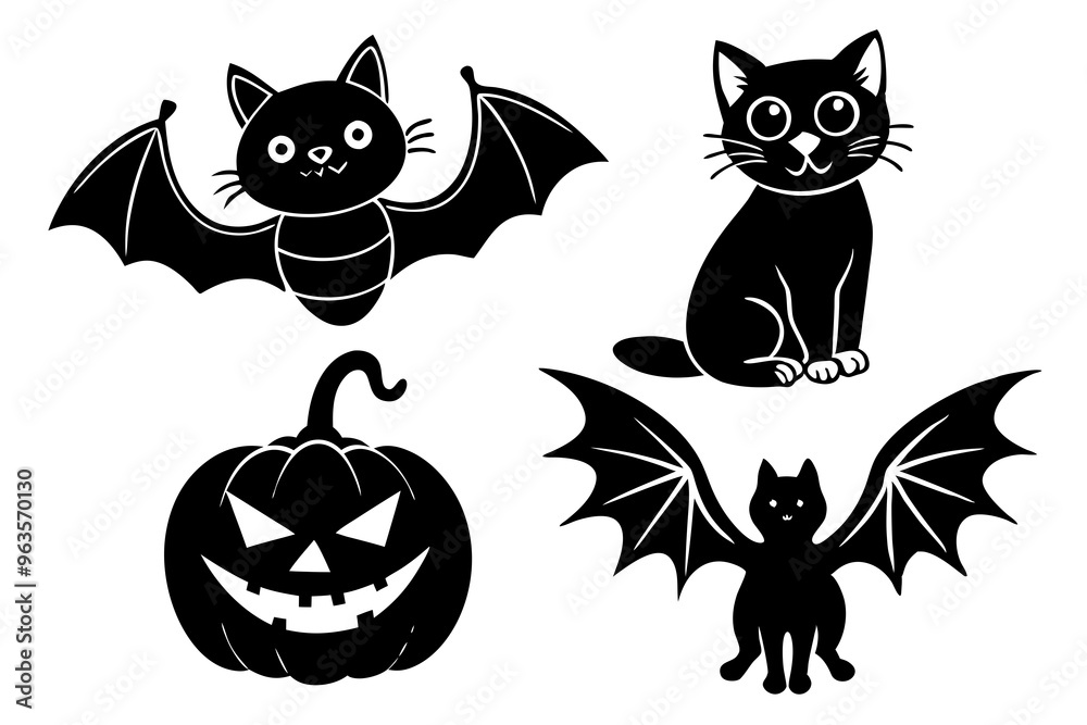 Halloween icon set. Collection of various scary and funny animal Magic symbols for parties, celebrations, templates and decorations. Isolated silhouette. Vector Halloween icon set. Collection of various scary and funny animal Magic symbols for parties, celebrations, templates and decorations. Isolated silhouette. Vector