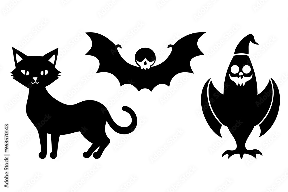 Halloween icon set. Collection of various scary and funny animal Magic symbols for parties, celebrations, templates and decorations. Isolated silhouette. Vector Halloween icon set. Collection of various scary and funny animal Magic symbols for parties, celebrations, templates and decorations. Isolated silhouette. Vector