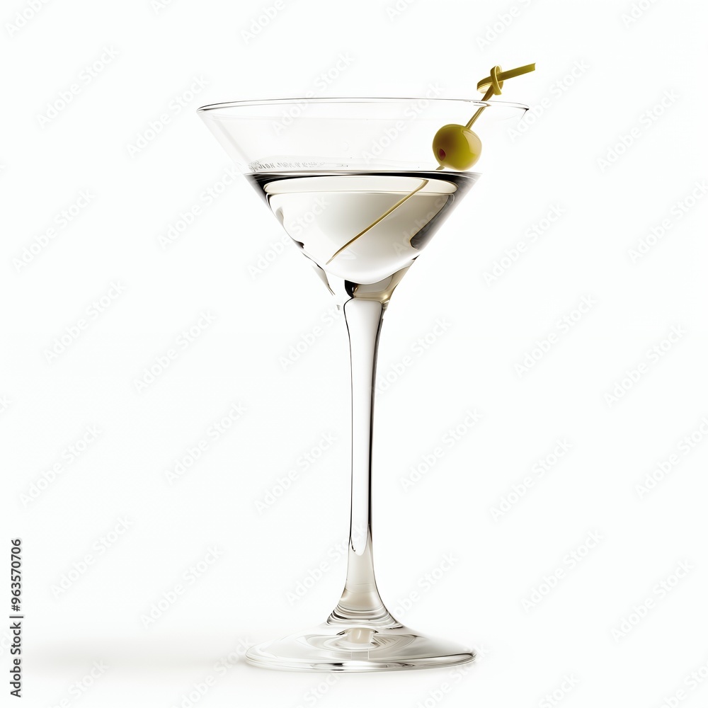 A martini glass filled with liquid and a green olive on a toothpick. A martini glass filled with liquid and a green olive on a toothpick.