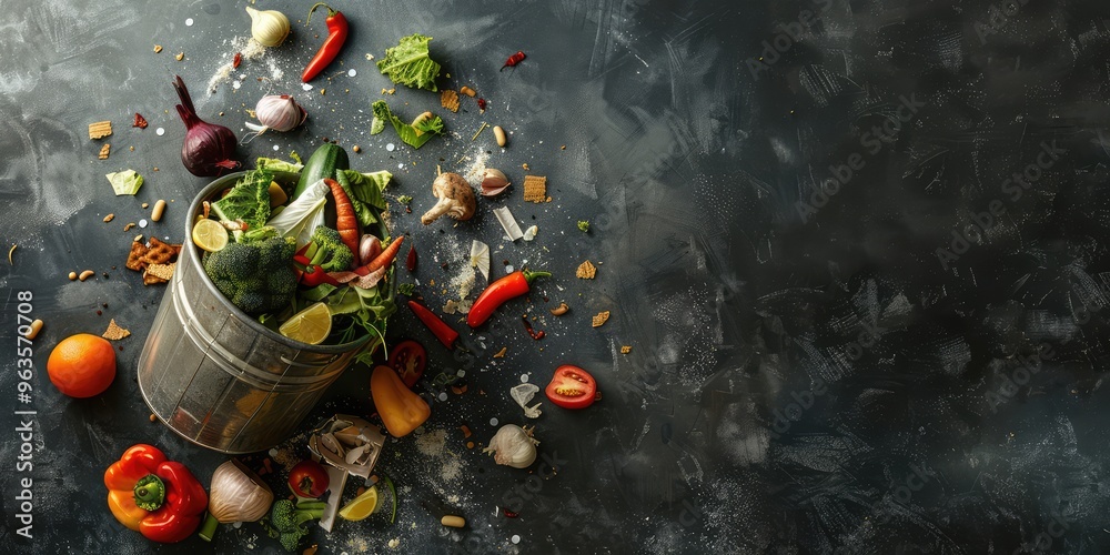 Overflowing Trash Bin with Food Waste. Environmental Waste Management Concept. AI generated illustration. Overflowing Trash Bin with Food Waste. Environmental Waste Management Concept. AI generated illustration.