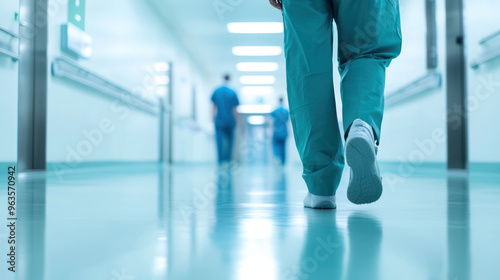 A healthcare professional walking through a clean, well-lit hospital corridor, symbolizing care and dedication in the medical field. high quality