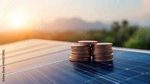 Solar panel investment symbolized by stacks of coins, reflecting renewable energy's financial benefits in a serene landscape.