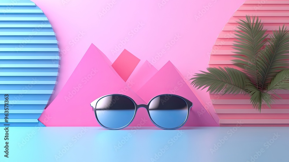 Stylish sunglasses on a vibrant pink and blue background with geometric shapes and tropical leaves for a fresh summer vibe. Stylish sunglasses on a vibrant pink and blue background with geometric shapes and tropical leaves for a fresh summer vibe.