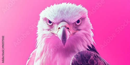 Pink Fluffy Eagle with Intense Gaze on Vibrant Pink Background. Surreal and Whimsical Art Concept. AI generated illustration photo