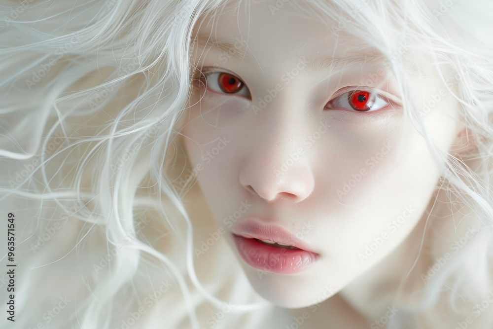 Stunning Close Up Portrait of Albino Woman with Striking White Hair and Vibrant Red Eyes - Perfect for Art Print Stunning Close Up Portrait of Albino Woman with Striking White Hair and Vibrant Red Eyes - Perfect for Art Print