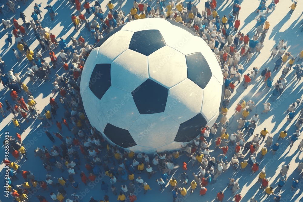 Naklejka premium Unity and Teamwork: Sea of Fans Carrying Giant Football in Stadium - A Conceptual Art