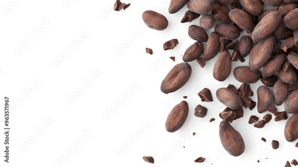 Realistic close-up of scattered cocoa beans on a white background, highlighting their rich, dark texture and natural imperfections Realistic close-up of scattered cocoa beans on a white background, highlighting their rich, dark texture and natural imperfections