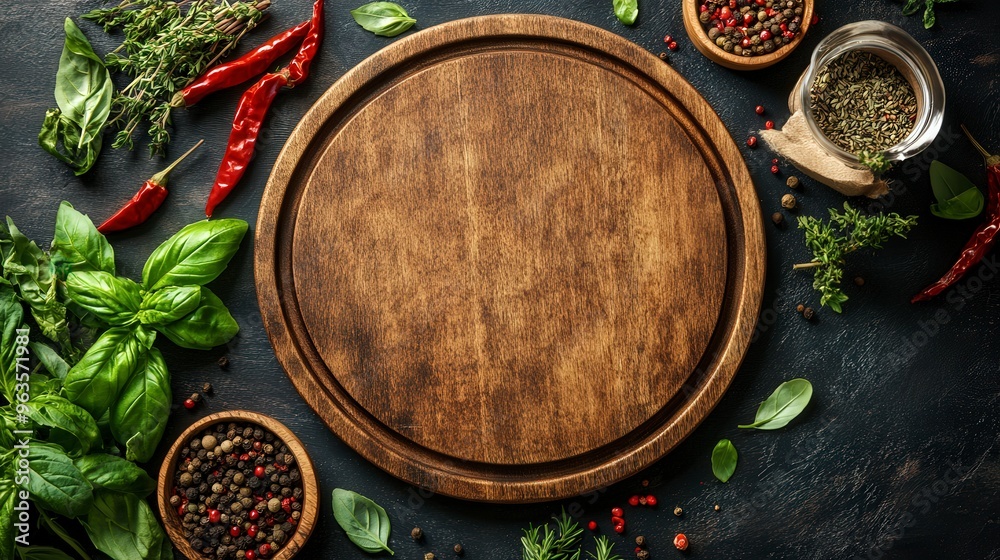 Photo stock style banner featuring an empty wooden round board on a dark background, with herbs and spices arranged around it, top view Photo stock style banner featuring an empty wooden round board on a dark background, with herbs and spices arranged around it, top view