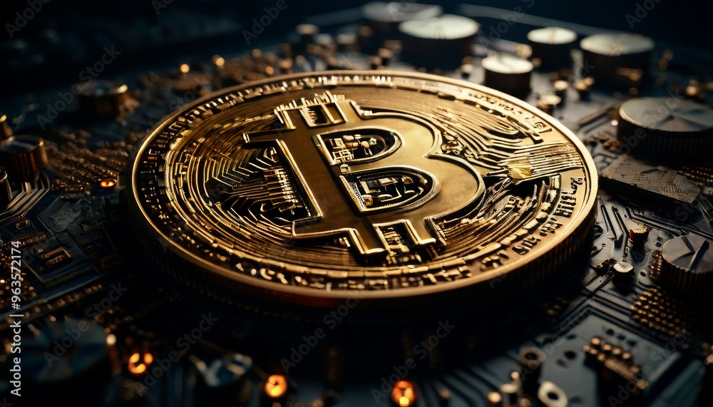 A Bitcoin coin resting on a detailed circuit board, showcasing the convergence of digital currency and technology. The golden tones emphasize the value and impact of cryptocurrency in the tech-driven A Bitcoin coin resting on a detailed circuit board, showcasing the convergence of digital currency and technology. The golden tones emphasize the value and impact of cryptocurrency in the tech-driven