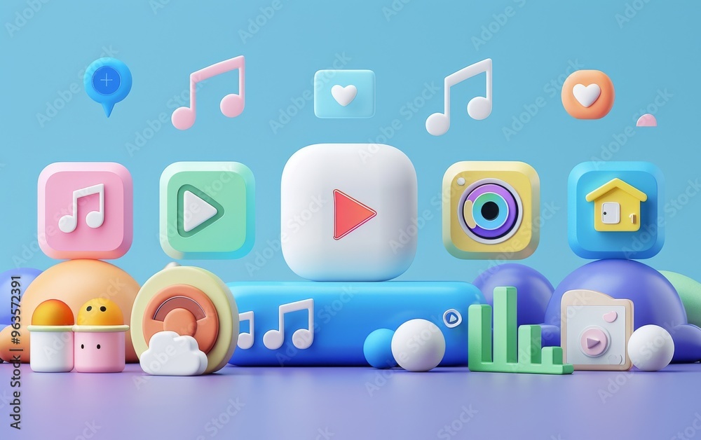 Obraz premium Colorful music app icons with play buttons and music notes on a vibrant background