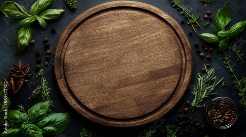 Wallpaper Mural Photo stock style banner featuring an empty wooden round board on a dark background, with herbs and spices arranged around it, top view Torontodigital.ca