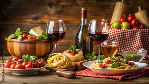 still life with various types of italian food-and wine