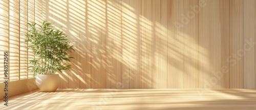 Minimalist Room with Wooden Wall and Sunlight Through Blinds