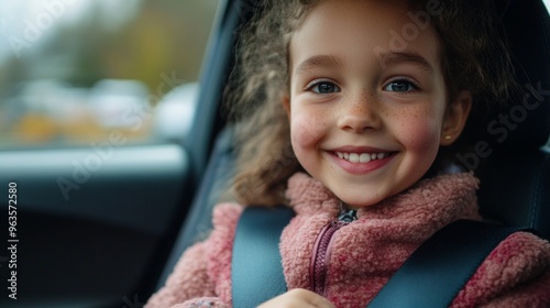 A happy young girl smiles while seated in a car. She wears a cozy, pink jacket and is secured with a seatbelt. This image captures joy and safety in everyday moments. AI photo