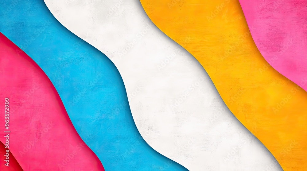 Vibrant abstract wave background with colorful layers in pink, blue, white, and yellow for artistic design projects. Vibrant abstract wave background with colorful layers in pink, blue, white, and yellow for artistic design projects.