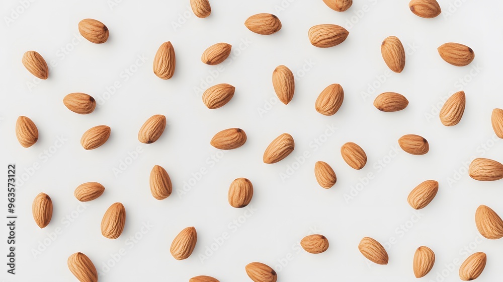 Realistic close-up of scattered almonds on a white background, highlighting their natural brown skin and slightly rough texture with soft shadows Realistic close-up of scattered almonds on a white background, highlighting their natural brown skin and slightly rough texture with soft shadows