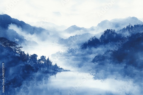 Tranquil chinese ink wash landscape with misty mountains and ai concept