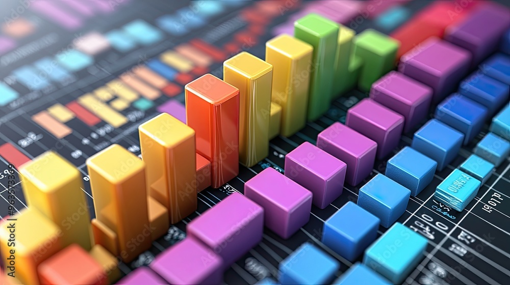 Obraz premium Vibrant bar chart displayed against a colorful data visualization background, ideal for showcasing statistical analysis and business insights.
