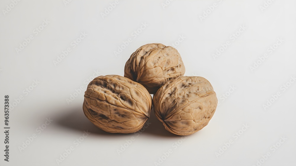 Realistic arrangement of whole walnuts on a white background, focusing on their rough, textured shells and earthy tones with subtle lighting Realistic arrangement of whole walnuts on a white background, focusing on their rough, textured shells and earthy tones with subtle lighting